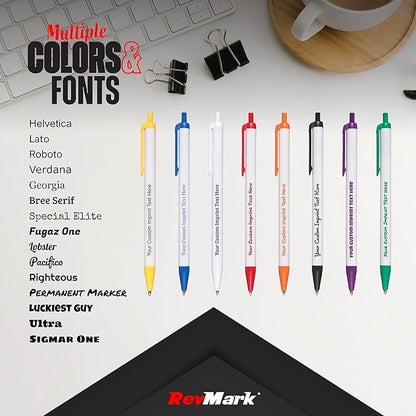 RevMark Personalized Ballpoint Pen, Custom Printed Name, Business or Event Information, Timeless Advertising, USA Made Pens, Promotional Marketing, Smooth Black Ink, Bulk Pack (Blue,100 Ct.)