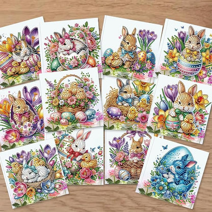 jinglinhh 12pcs Easter Egg Bunny Chick Daffodils Flower Diamond Art Painting Greeting Cards with Envelopes, DIY Card Making Kits for Adults, Diamond Art Birthday Holiday Cards Craft Gifts