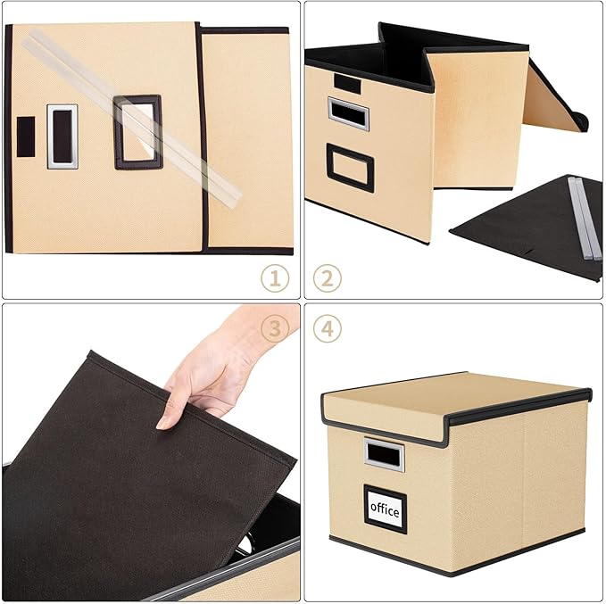 Huolewa File Organizer Box with Lid, Collapsible File Folder Organizer for Office Document Storage, Filing Box with Plastic Slide for Letter/Legal Size Hanging Files (Brown)