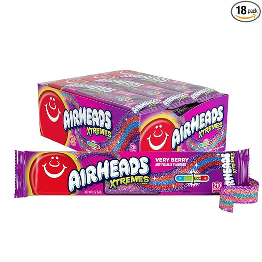 Airheads Xtremes Belts Holiday Sweetly Sour Candy, Very Berry, Christmas Stocking Stuffers for Adults & Kids, Non-Melting, Candy for Christmas Bulk Party Bag, 2 oz (Pack of 18)