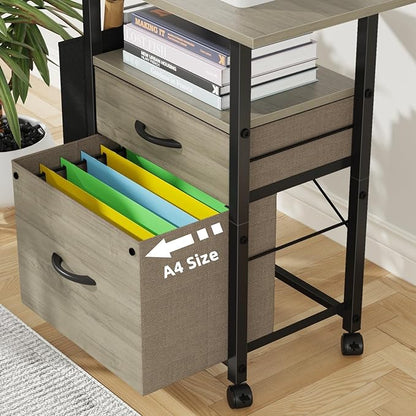 GYIIYUO 2 Drawer File Cabinet with 24'' Extended Desktop, Mobile Filing Cabinet, Rolling File Cabinet with Side Bag, Fabric Drawer, Fits A4 Size, Home Office, Oak Grey