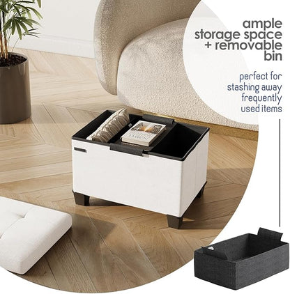 STORAGEBUD Storage Ottoman Cube with Small Bin, 16-in Square Ottoman with Storage for Living Room and Bedroom, Small Ottomans Foot Rest, Fabric Foot Stools Ottomans Max 330lbs, Cream
