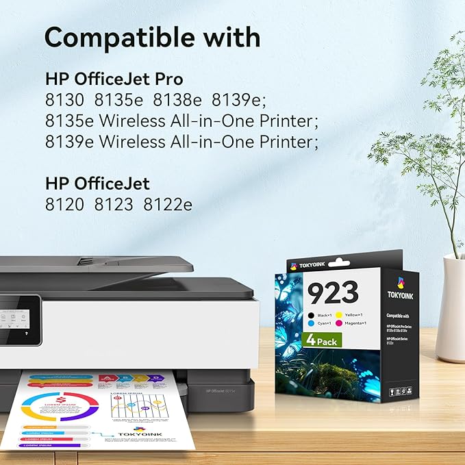 TOKYOINK 923 Ink Cartridges Combo Pack Replacement for HP 923 HP923 Ink Cartridge Work for OfficeJet Pro 8120 8122 8122e 8123 8124 8125 8130 8132 8134 8135e 8138e 8139e Printer Without Chip (4 Pack)