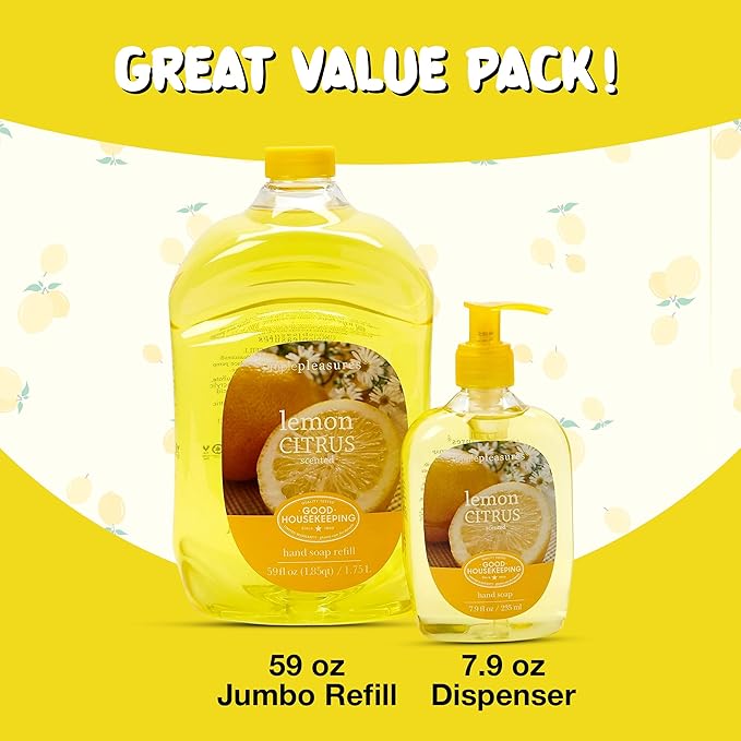 SIMPLE PLEASURES Premium Hand Soap Collection - Lemon Scent, 7.9 oz Bottle with Jumbo 61.4 oz Refill - Goodhousekeeping Seal Approved - Multiple Scents Lemon Hand Soap Dispenser Refills