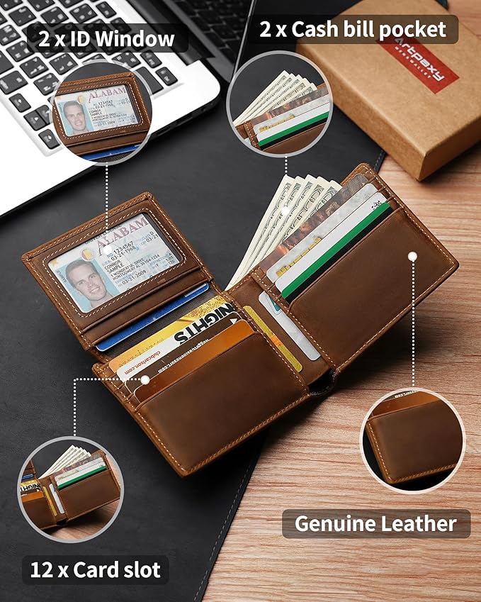 Mens Wallet Bifold Genuine Leather RFID Blocking Wallet for Men with 2 ID Windows 12 Card Holders 2 cash pockets 1 Gift Box