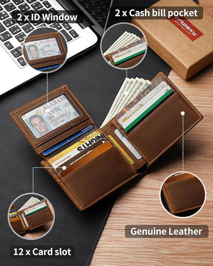 Mens Wallet Bifold Genuine Leather RFID Blocking Wallet for Men with 2 ID Windows 12 Card Holders 2 cash pockets 1 Gift Box
