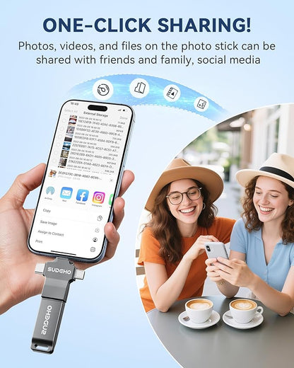 MFi Certified Photo Stick 256GB USB Flash Drive for iPhone, 4 in 1 External Memory Thumb Drive for Picture Video Backup, High Speed Memory Stick Pen Drive for iPhone/iPad/Android/PC (Gun Black)