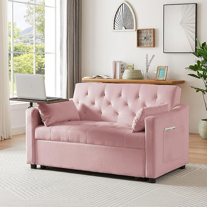 53'' Convertible Sleeper Sofa Bed with Adjustable Backrest, Chaise Lounge, Side Table & Two Pillows – Stylish & Functional Addition to Any Living Room (Modern Pink)