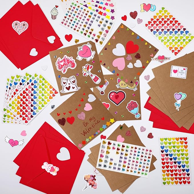Zonon 32 Pack Valentines Crafts Set, Valentines DIY Card Valentines's Day Kits for Kids Girls Boys Foam Heart Sticker Craft DIY Kits Sticker Envelopes Cards Set for Classroom Exchange Gifts (Red)