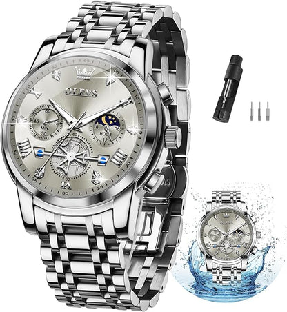 OLEVS Men Silver Watches,Men's Stainless Steel Chronograph Watch,Man Analog Quartz Big Face Male Watches Luxury Waterproof Roman Numeral Dress Diamond Relojes para Hombre