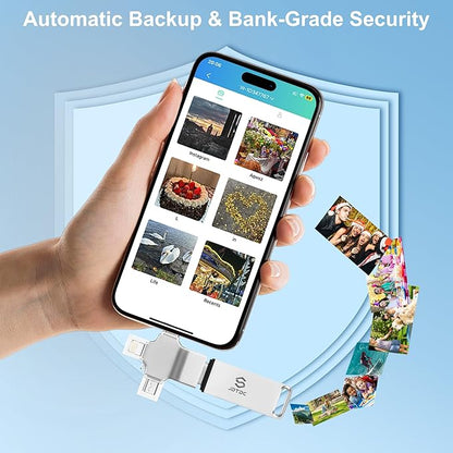 Photo-Stick 512GB All-in-One Photo & Video Backup-Storage for iPhone Android Mac & PC | Multiport-Flash-Drive & Memory-Stick for Seamless File Transfer Auto-Secure-Backup-USB-Flash-Drive Photo-Backup