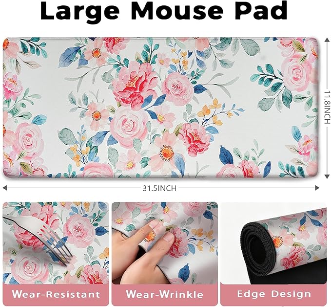 Watercolor Pink Flower Patterns Desk Mat, Large Gaming Mouse Pad Non-Slip Rubber Base with Stitched Edges, Waterproof Protection for PC Laptop Home Office Desk Decor (31.5x11.8in)