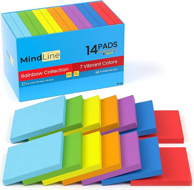 14 Pack Sticky Notes 3x3 Inches - Rainbow Colors Self-Stick Pads - Strong Adhesion, Smooth Writing, No Residue - Easy to Post for Home, Office, School - 72 Sheets/Pad - MindLine