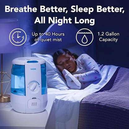 Vicks CoolRelief Cool Mist Humidifier Small to Medium Room Vaporizer for Baby, Kids, Adults, 1.2 Gal