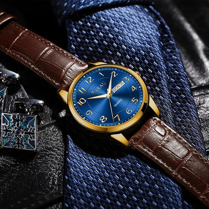 Men's Watch Big Face Easy Read Arabic Numeral Dress Watches for Men Classic Black Brown Leather Band Analog Mens Wrist Watch with Day and Date Fashion Business Waterproof Luminous Quartz Watch