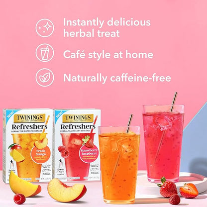 NEW Twinings Peach Mango Refreshers, Herbal Tea Instant Beverage with Real Peach Fruit Bits, 5 Count (Pack of 2), Café Style, No Artificial Sweeteners, Naturally Caffeine-Free Refreshment, 5 Packets