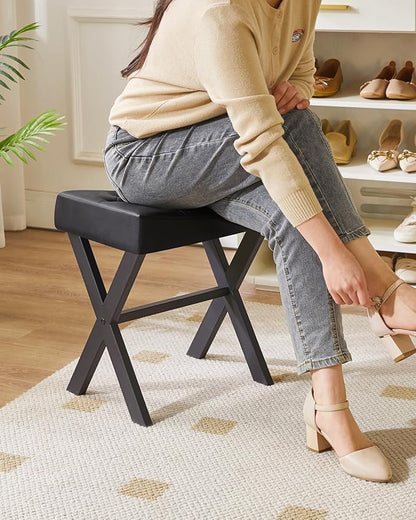 IBUYKE U-Shaped PU Vanity Stool, Square Makeup Chair with X-Leg, Ottoman Seat Footrest Stool, Multi-Use as Small Side Table, for Bedroom, Living Room, Black WBD019B
