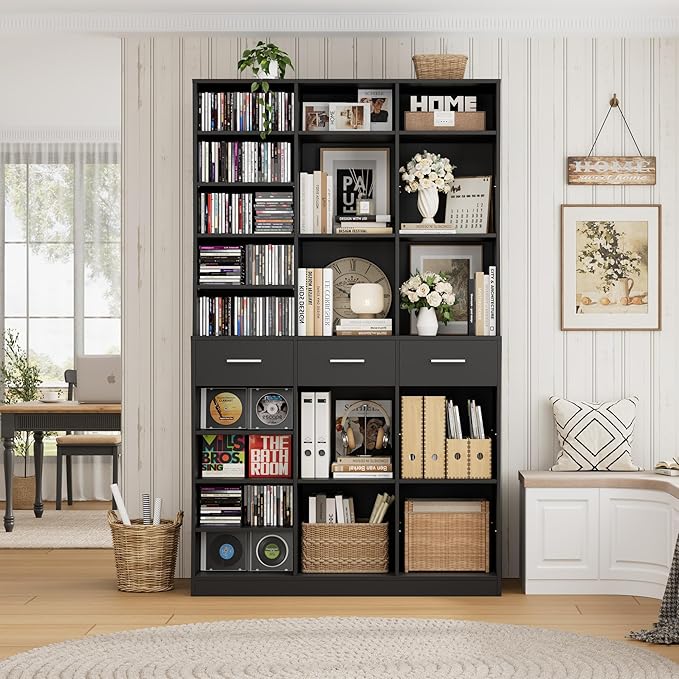 HOSTACK 75" Tall Book Shelf and Bookcase, 47" Wide Bookshelf with Drawers, Modern 9 Tier Bookcase with Storage, Large Wood Display Cabinet with Adjustable Shelves for Living Room, Home Office, Black