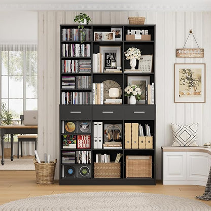 HOSTACK 75" Tall Book Shelf and Bookcase, 47" Wide Bookshelf with Drawers, Modern 9 Tier Bookcase with Storage, Large Wood Display Cabinet with Adjustable Shelves for Living Room, Home Office, Black