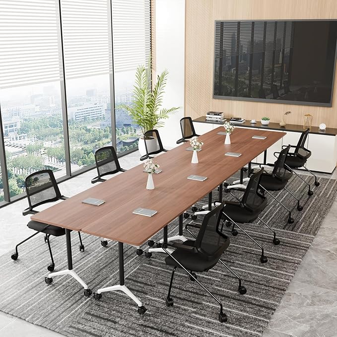 Conference Room Table, Folding Conference Table with Silent Wheels, Modular Flip Top Mobile Training Tables for Office, Training Room, Meeting Rooms, School, 2-16 Person (10, Walnut, 70.8in)