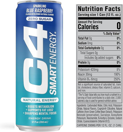 Cellucor C4 Smart Energy Drink ‚ Boost Focus and Energy with Zero Sugar, Natural Energy, and Nootropics - 200mg Caffeine - Blue Raspberry (12oz Pack of 12)