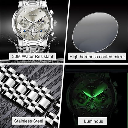OLEVS Men Watches Stainless Steel Chronograph Watch, Large Wrist Analog Quartz Watch, Fashion Waterproof Diamond Roman Numerals Dress Watches for Men, Gold/Black/White/Blue/Grey Dial