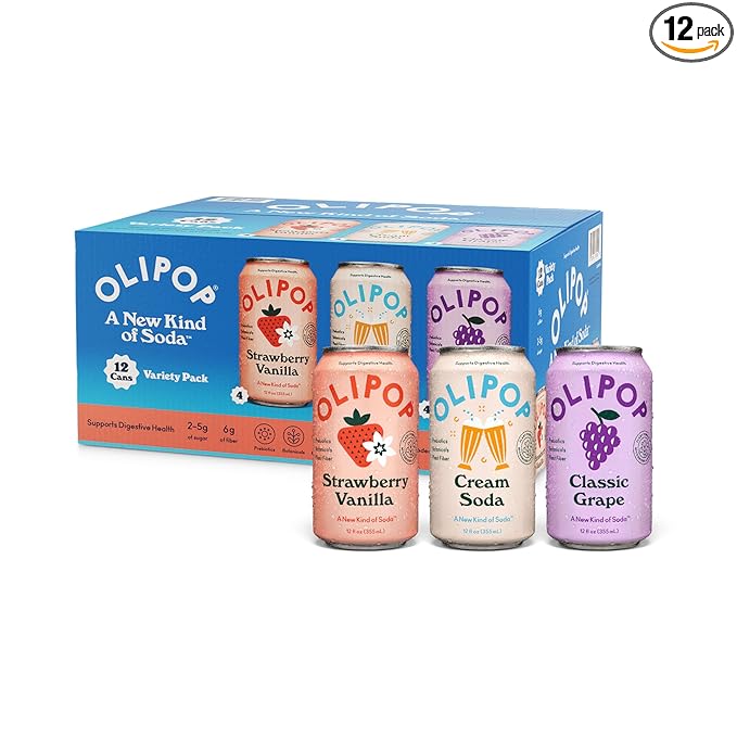 OLIPOP Prebiotic Soda Pop, 3 Flavor Variety Pack, Prebiotics, Fiber, and Botanicals, Gluten Free, Vegan, GMO Free, 12oz (12-Cans)