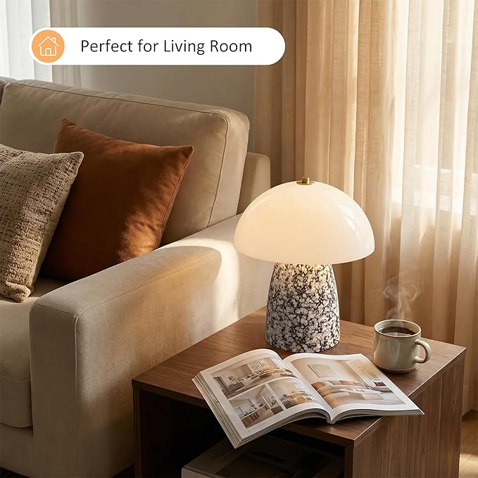 11" Mushroom Table Lamp, Small Ceramic Desk Bedside Lamp with Touch Control 3-Way Dimmable & Glass Shade, Modern Nightstand Lamp for Living Room Bedroom Home Office Crackle Texture Decor-Black