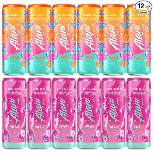 Generic Alani Energy Drinks Variety Pack - (Pack Of 12) - 2 Different Flavors : Pink Slush and Orange Kiss - 12 fl.oz. Can - By The Munchie Mix