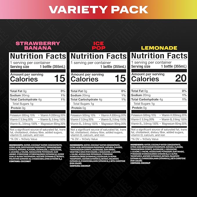 PRIME HYDRATION Variety - ICE POP, Strawberry Banana, Lemonade, Sports Drinks, Electrolyte Enhanced for Ultimate Hydration, 250mg BCAAs, B Vitamins, Antioxidants, Low Sugar, 12 Fl Oz, 15 Pack