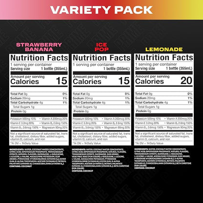 PRIME HYDRATION Variety - ICE POP, Strawberry Banana, Lemonade, Sports Drinks, Electrolyte Enhanced for Ultimate Hydration, 250mg BCAAs, B Vitamins, Antioxidants, Low Sugar, 12 Fl Oz, 15 Pack