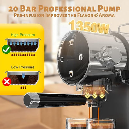 Espresso Machine, Touch Screen Control 20 Bar Espresso Coffee Maker with Steam Milk Frother for Latte & Cappuccino, Removable Water Tank, Modern Black Design