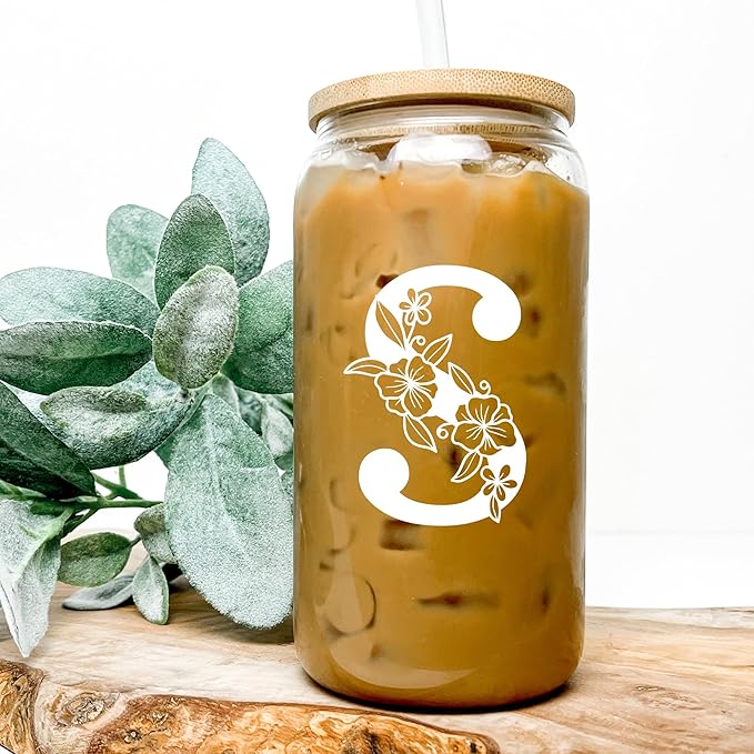 Personalized Tumbler, Monogrammed Can Glass Cups with Bamboo Lids and Straws, Customized Gifts for Women, Cute Design Initial Iced Coffee glasses, Custom Letter Mug, Birthday Bridesmaid, J