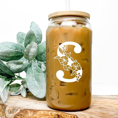 Personalized Tumbler, Monogrammed Can Glass Cups with Bamboo Lids and Straws, Customized Gifts for Women, Cute Design Initial Iced Coffee glasses, Custom Letter Mug, Birthday Bridesmaid, J