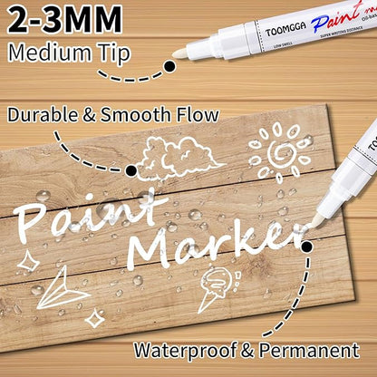 White Paint Pens Permanent Paint Markers - 12 Pack Oil Based Marking Pens, Medium Point, Quick Drying and Waterproof Pens for Rock Painting Car Tyre Metal, Plastic, Canvas, Wood