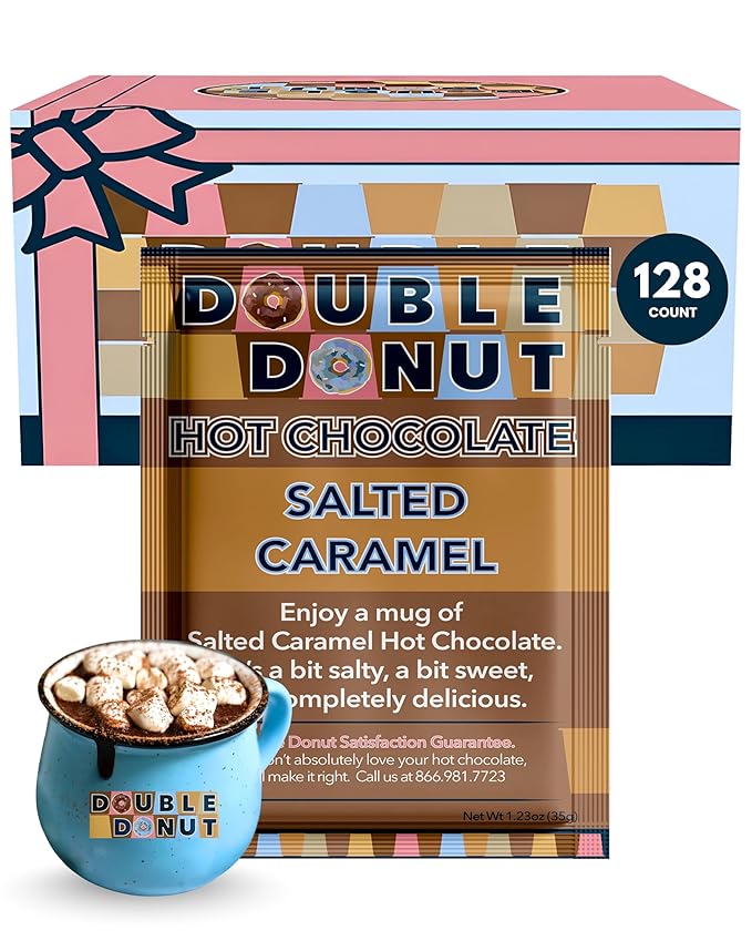 Double Donut Flavored Hot Chocolate Packets, Salted Caramel, Salted Caramel Hot Chocolate, Hot Cocoa Mix, 128 Count