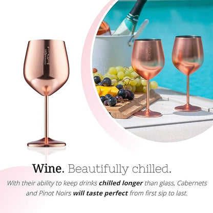 Gusto Nostro Stainless Steel Wine Glass - 18 oz - Unbreakable Rose Gold Wine Glasses for Travel, Camping and Pool - Fancy, Unique and Cool Portable Metal Wine Glass for Outdoor, Picnics (Set of 4)