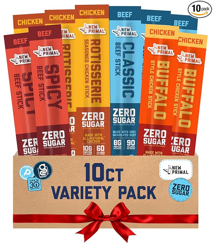 New Primal Meat Sticks Sampler, Grass-Fed Beef, All Natural Chicken, Keto & Gluten Free Healthy Snacks for Adults, Sugar Free Low Carb High Protein Snack, Jerky Gift Box, Variety Pack, 10 Count