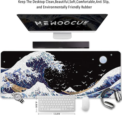 MEWOOCUE® Gaming Mouse Pad for Desk,Large Wave Mousepad Laptop,Black White Japanese Anime Mouse Mat,Long XXL Waterproof Keyboard Pads,Big Non-Slip Mousepads for Game Office Home（31.5 x 11.9 in）