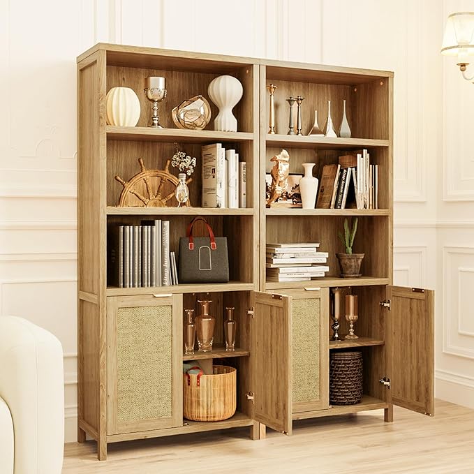 Bookshelf, 71" Tall Bookcase with Doors, 5 Tier Wooden Bookshelf Open Shelf Bookcase, Modern Farmhouse Bookshelves for Office, Library, Living Room (Set of 2)