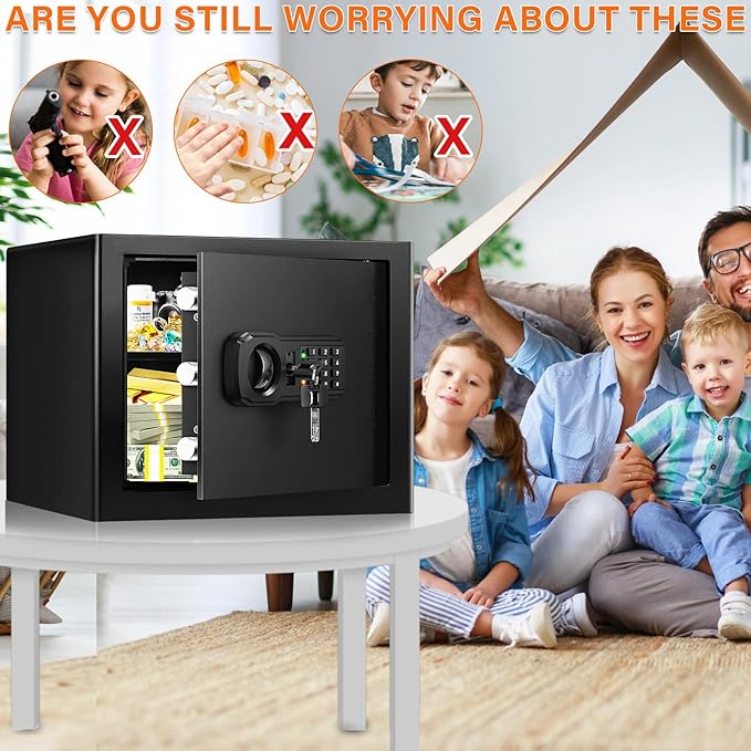 9.84" Tall Small Fireproof Safe Box, 1.2 Cu Ft Security Home Safe with Fireproof Money Bag, Digital Safes with Combination Lock and Removable Shelf for Home Personal Privacy Cash Medicine Documents