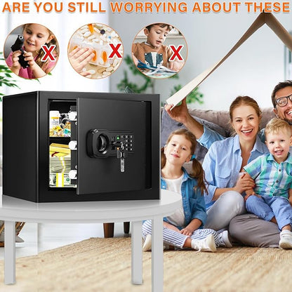 9.84" Tall Small Fireproof Safe Box, 1.2 Cu Ft Security Home Safe with Fireproof Money Bag, Digital Safes with Combination Lock and Removable Shelf for Home Personal Privacy Cash Medicine Documents