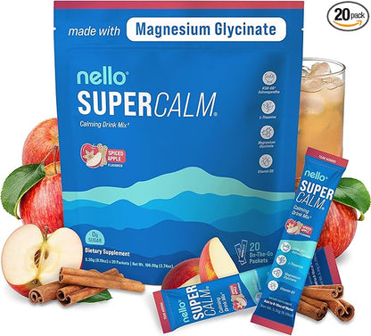 Nello Supercalm Powdered Drink Mix, Cortisol Reducer* and Sleep Aid Supplement, L Theanine, Ksm-66 Ashwagandha, Magnesium Glycinate, Vitamin D 3, No Sugar, Non GMO, On The Go, 20 Ct, Spiced Apple