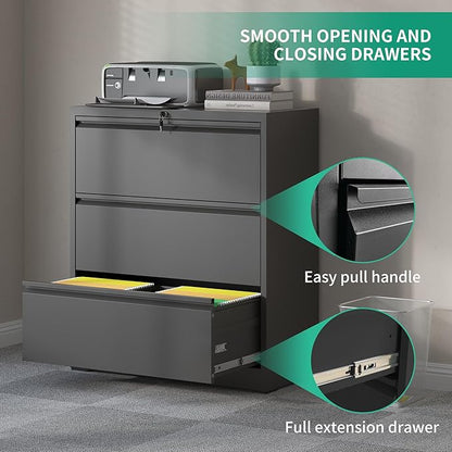 3 Drawer Lateral File Cabinets with Lock,Black Metal Lateral Filing Cabinet for Home Office,Wide Steel Storage Cabinet Commercial Drawer Cabinets for Legal/Letter/A4 Size Files Assembly Required