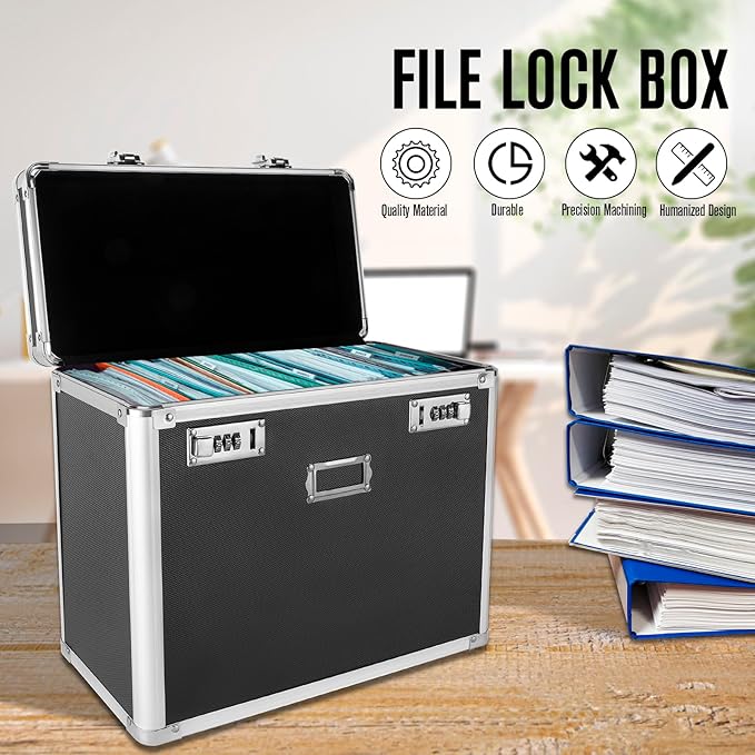 File Organizer Storage Box, Portable Locking Storage Totes - Storage Box with Dual Combination Locks for Filing Office Documents (Black)