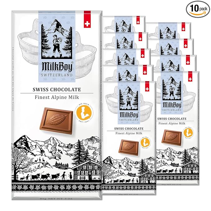 Milkboy Swiss Chocolates Chocolate Bars - Premium Swiss Alpine Milk Chocolate - Smooth European Milk Chocolates Gift - Sustainably Farmed Cocoa - Gluten Free - 3 oz, Pack 10