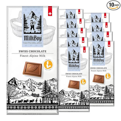 Milkboy Swiss Chocolates Chocolate Bars - Premium Swiss Alpine Milk Chocolate - Smooth European Milk Chocolates Gift - Sustainably Farmed Cocoa - Gluten Free - 3 oz, Pack 10