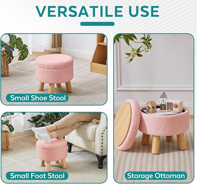 Small Foot Stool Ottoman with Storage, Sherpa Ottoman Foot Rest for Couch, Round Footstool with Storage, Small Ottomans and Footstools for Living Room and Entryway (Pink)