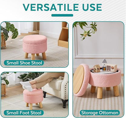 Small Foot Stool Ottoman with Storage, Sherpa Ottoman Foot Rest for Couch, Round Footstool with Storage, Small Ottomans and Footstools for Living Room and Entryway (Pink)