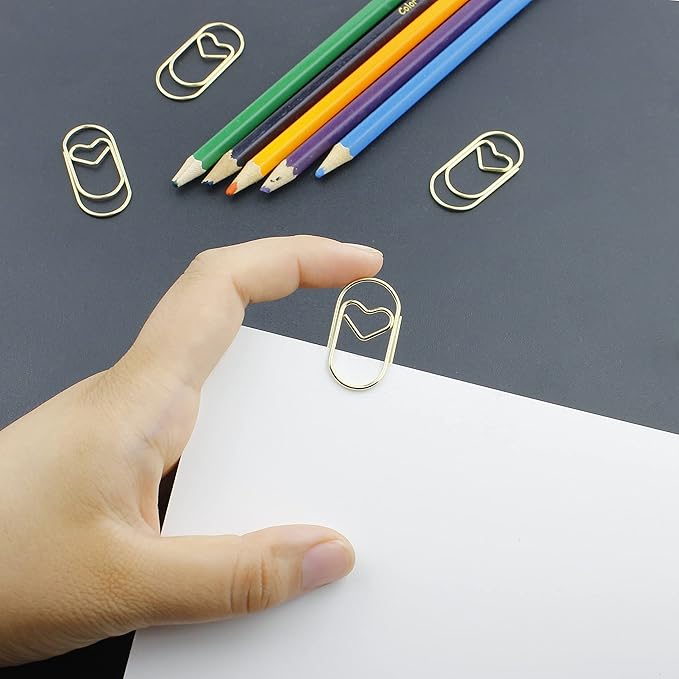 50 Pcs Large Heart Paper Clips Fancy Paperclips Smooth Finish Jumbo Wide Clips for Paper Non Skid, Funny Stainless Steel Cute Paper Clips Shapes Office Supplies (Gold)